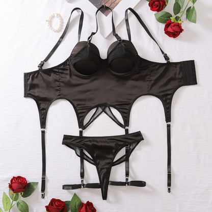 Close-up of the neck-hanging steel ring design on the black mesh bra.