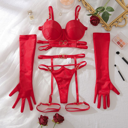 “Side view showing gathering detail and hollow panels on four-piece lingerie set”