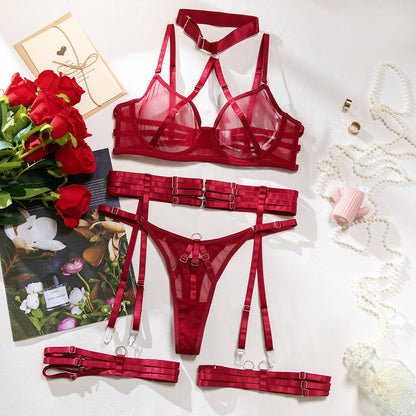 “Close-up of mesh fabric and metal buckle detailing on sexy bra lingerie set”