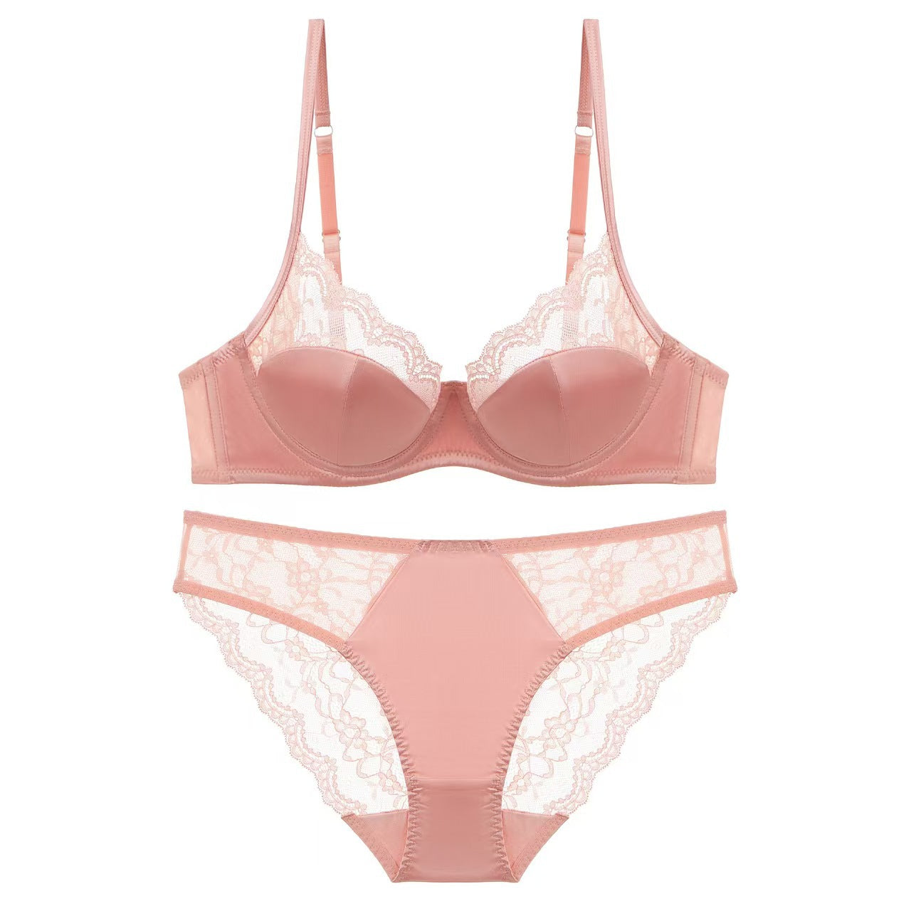 “Plus size French style minimizer bra set front view with thin satin and lace splicing”