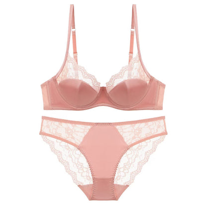 “Plus size French style minimizer bra set front view with thin satin and lace splicing”