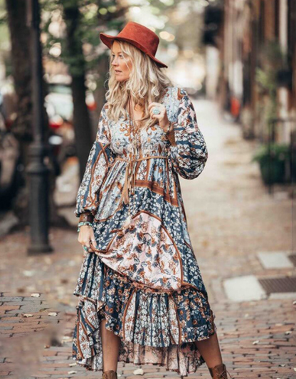 Kimono Bohemian Maxi Dress Puff Sleeve Mid-Waist Brown Long Office Printed Dress Plus Size
