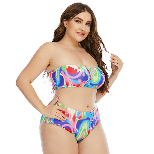 Woman wearing a colorful bikini set on a white background