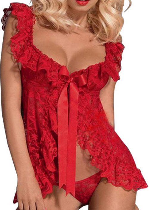 “Woman wearing sexy lace lingerie nightgown with matching G-string panties front view”