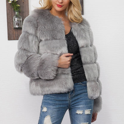 Fall Winter Faux Fur Cross Groove Coat Women Coat Fox Fur Short Overcoat Coat