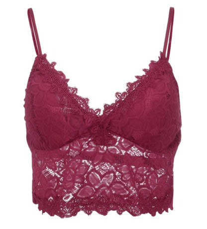 Red lace bralette on a white background