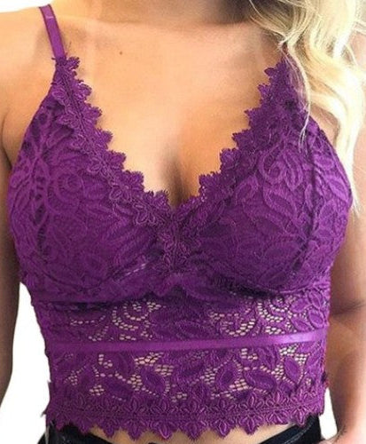 Purple “Front view of plus size wireless triangle lace bra with hollow-out cutouts”