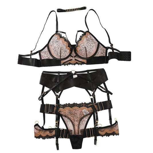 plus size perspective bra embroidery five piece lingerie set