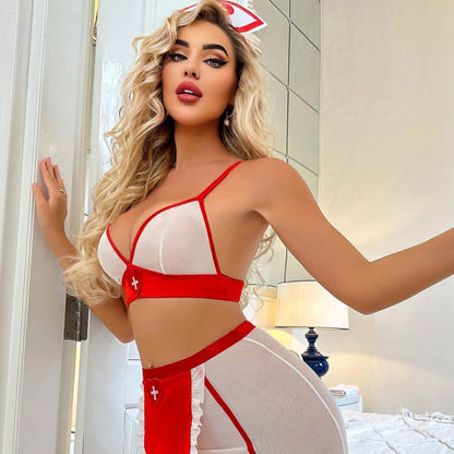 “Sexy sheer mesh nurse lingerie set for role play”