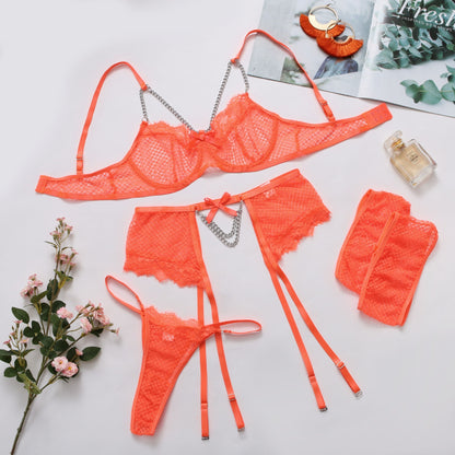 “Side view showing waist bowknot chain and see-through mesh panels”