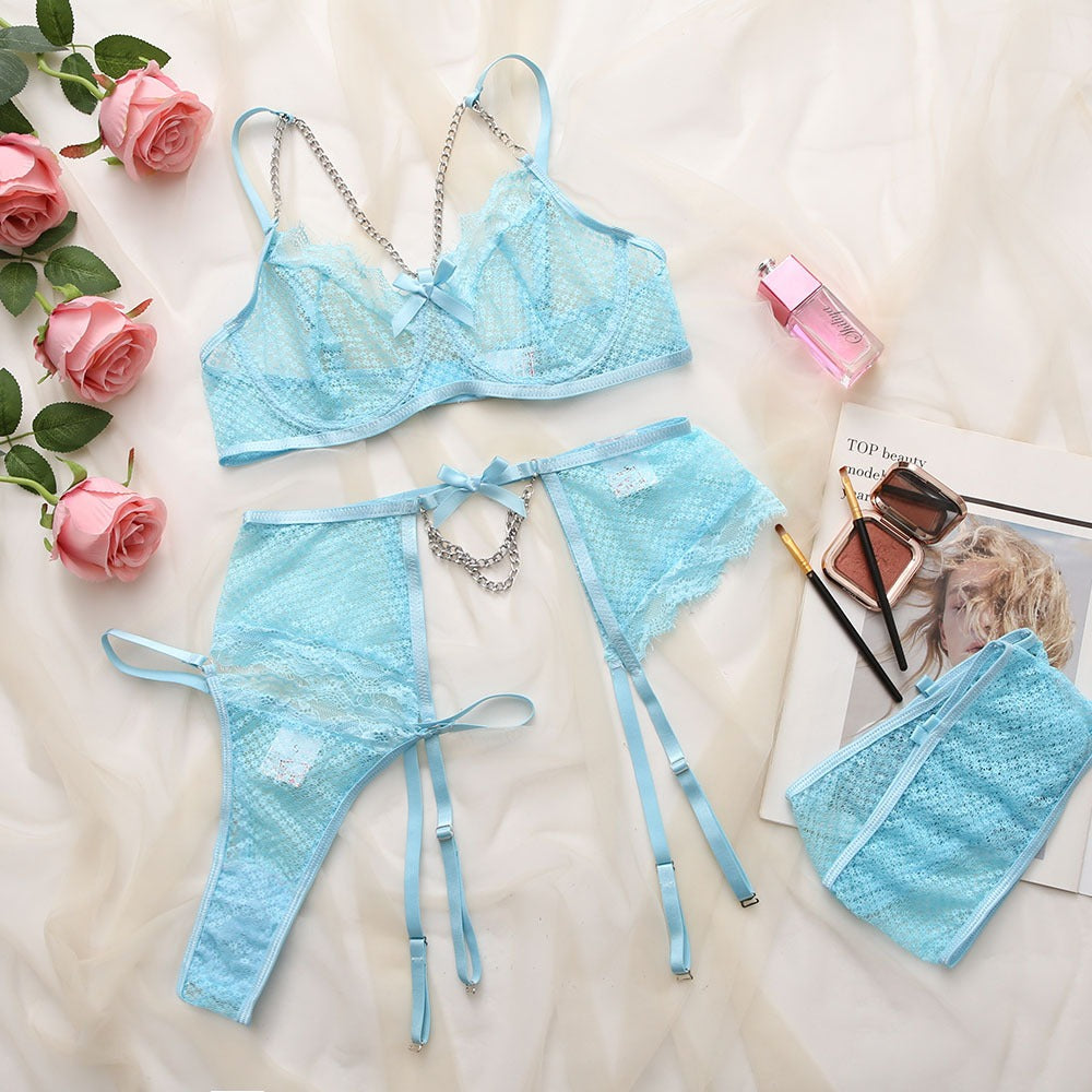 “Close-up of eyelash lace detail and luxurious fabric on sexy lingerie set”