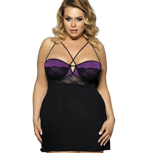 “Plus size satin and lace babydoll lingerie front view with transparent hollow-out design”