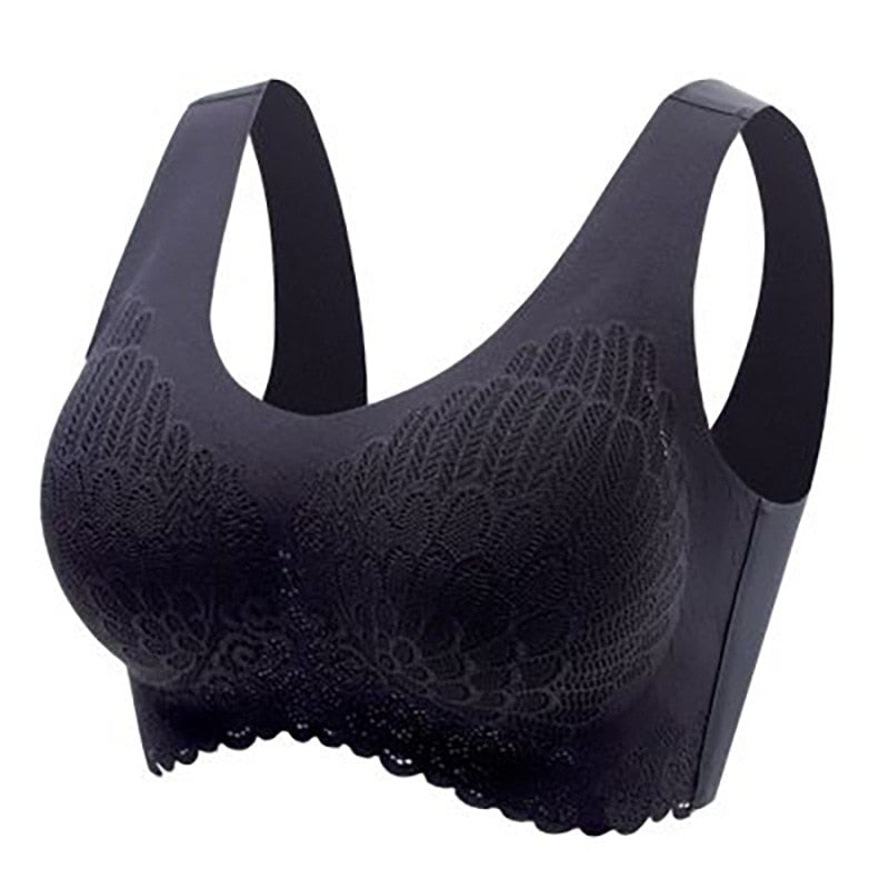 Vest style padded bralette with lace trim laid flat
