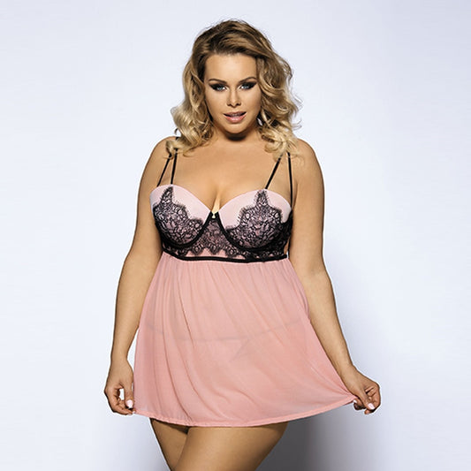 Plus size woman wearing transparent lace halter babydoll lingerie