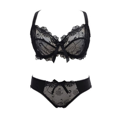 Transparent embroidered lace bra and panty set front view