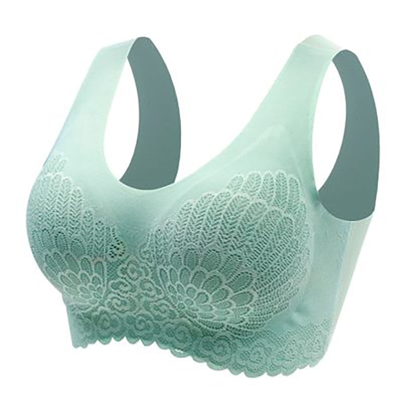 Close-up of seamless lace bralette padding and straps