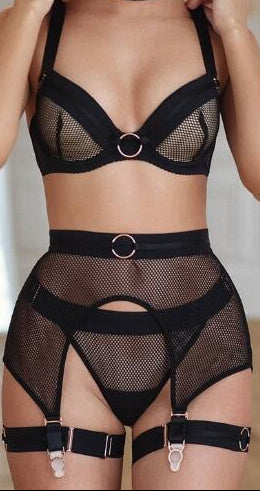 “Front view of mesh iron ring stitching collar grid four-piece lingerie set”