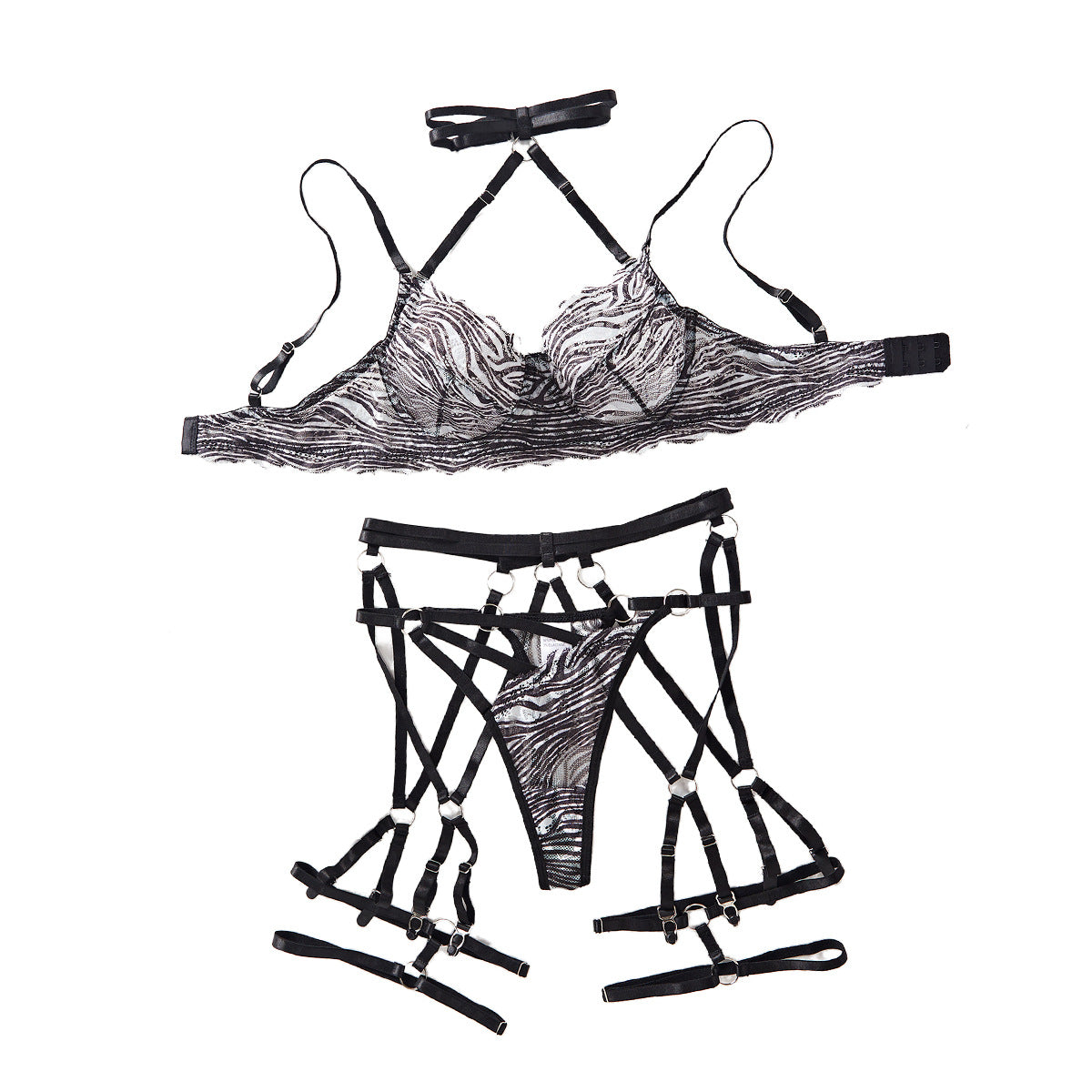 Form-fitting zebra mesh lingerie for plus size women