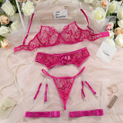  lace embroidery chain suspenders bra with matching thong and garter belt”