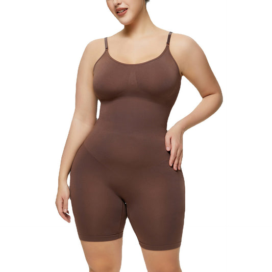 Plus size woman wearing body shaper waist trainer bodysuit