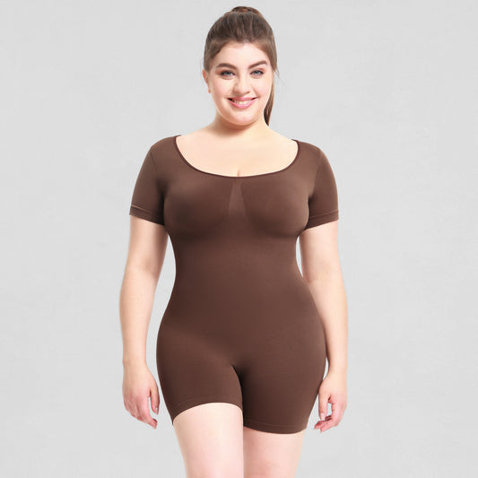 Plus size woman wearing waist-cinching bodysuit with short sleeves