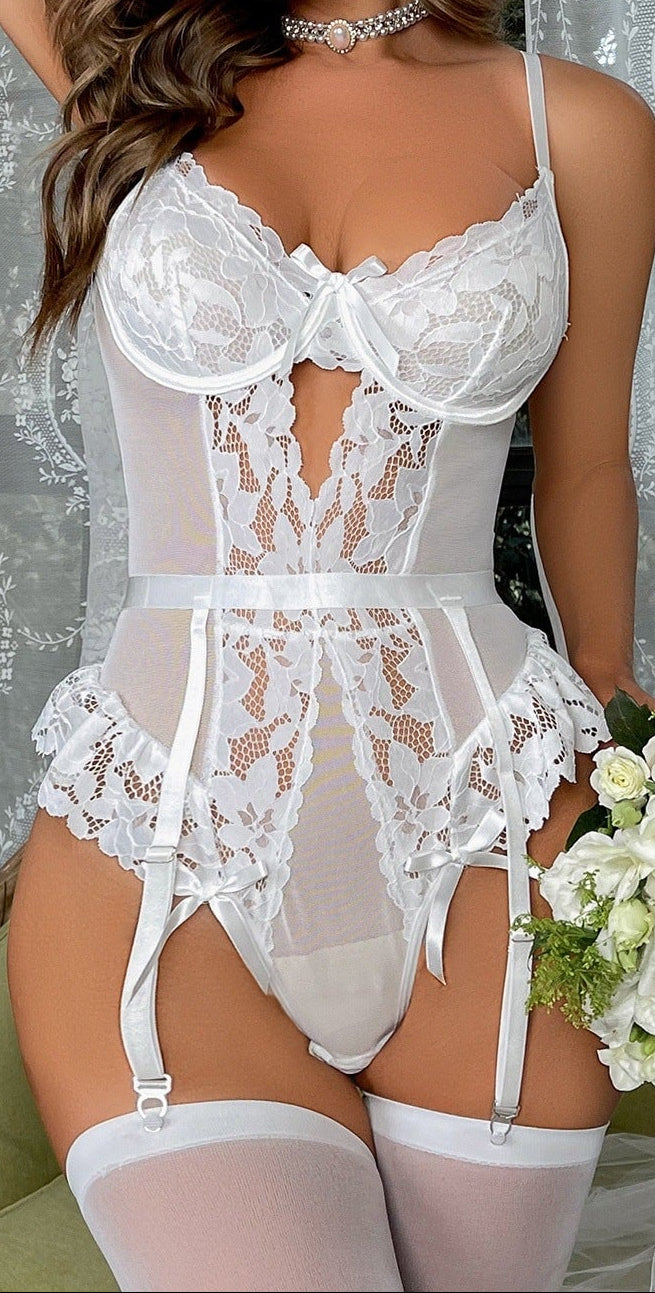 “Floral lace backless sheer lingerie bodysuit sculpting curves for women”