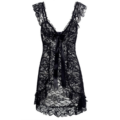 “Back view of lace lingerie nightgown set with G-string panties showing elegant drape”