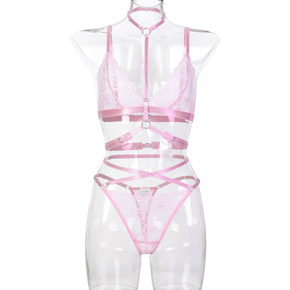 “Close-up of delicate French lace detailing on playful pink strapless lingerie”