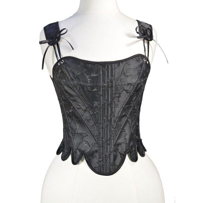 Plus size woman wearing carved flower petal fishbone corset front view