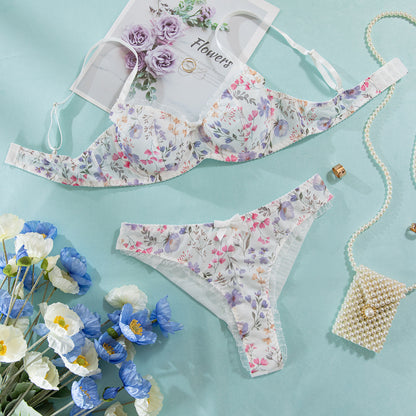 heart print mesh bra set with matching panties”