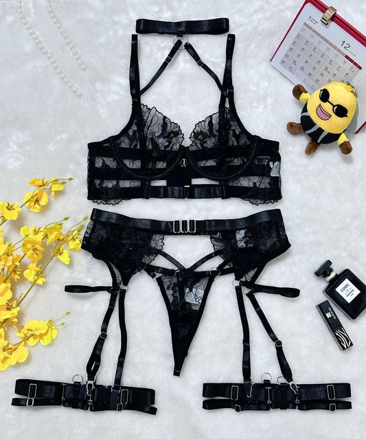 “Sexy cross-strap lingerie set with sheer mesh and embroidered details”