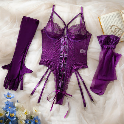 “Close-up of lace trim, gloves, and stockings 
