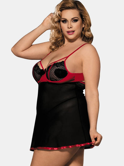 Side view of plus size mesh babydoll showing fit and curves