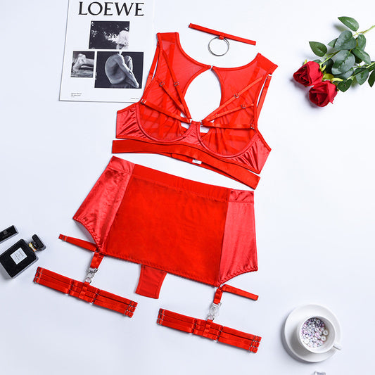“Red 5-piece lingerie set with transparent bra, matching briefs, garters, and bandage straps front view”