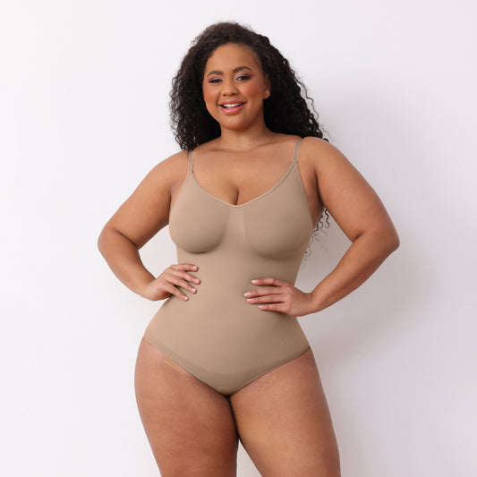 Plus size woman wearing adjustable strap bodysuit