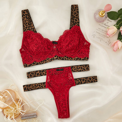 Close-up detail of leopard fabric and lace overlay on plus size bra set