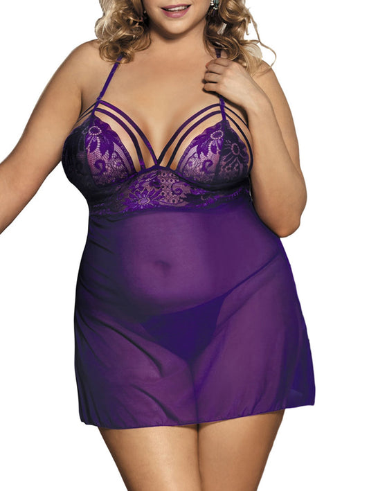 Plus size woman wearing floral lace panel babydoll lingerie front view