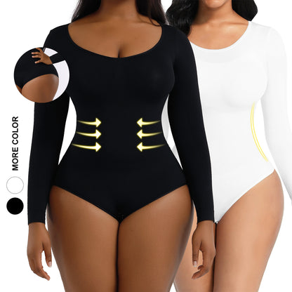 Front view of seamless body shaper on curvy model