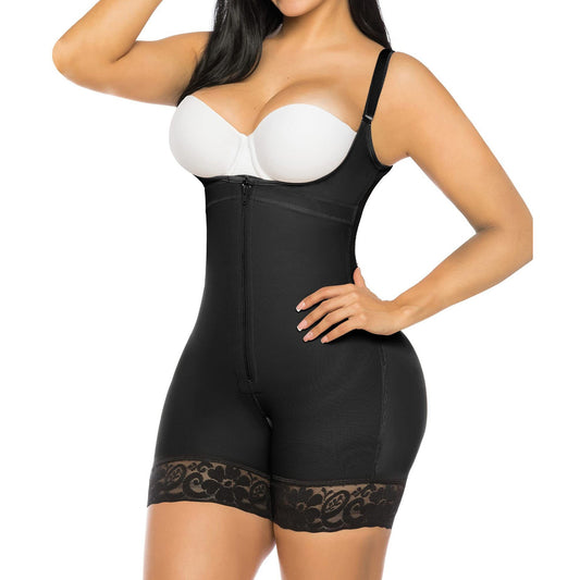 Full-body shapewear bodysuit with suspenders smoothing abdomen, waist, and hips