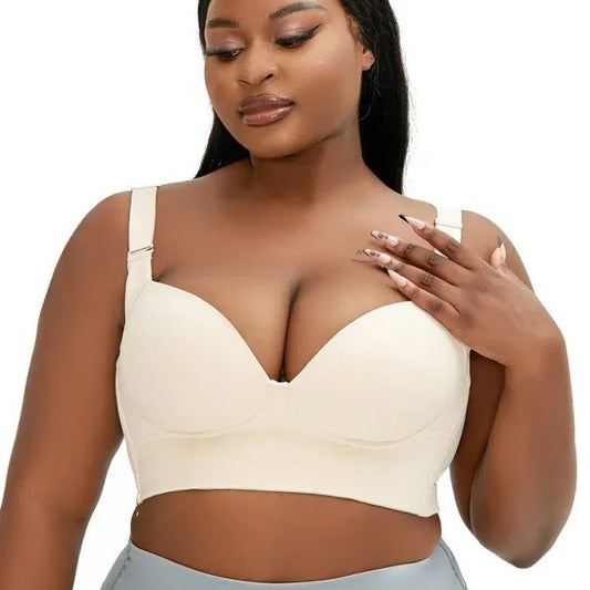 Plus size woman wearing glossy adjustable underwire bra front view