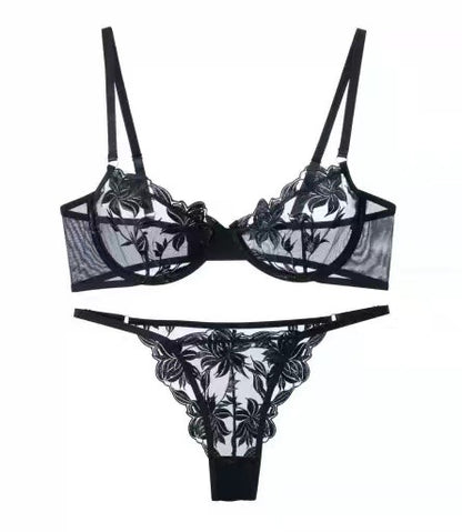 “Close-up of floral embroidery and mesh perspective fabric on sexy lingerie set”