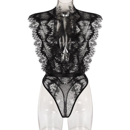 “Close-up of lace eyelash trim on deep V mesh slimming jumpsuit lingerie set”
