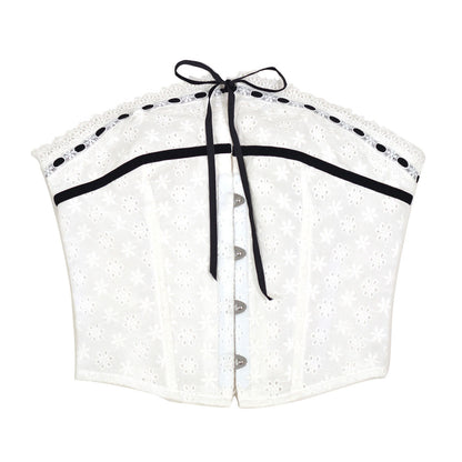 Plus size woman wearing white hooked herringbone corset front view