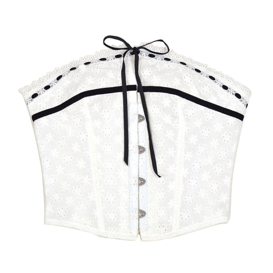 Plus size woman wearing white hooked herringbone corset front view