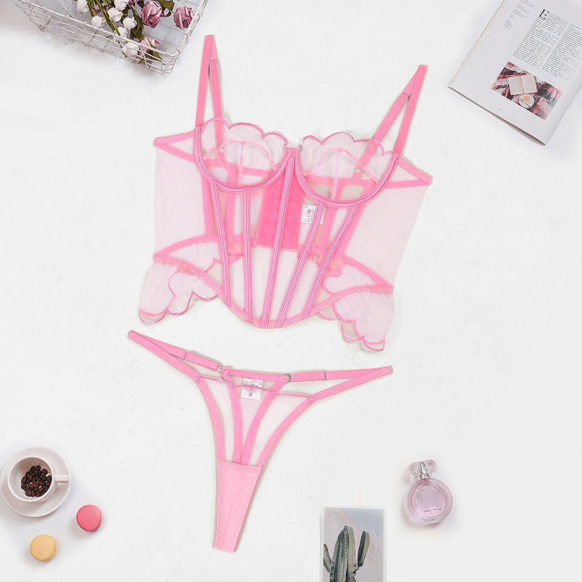Close-up of adjustable straps and perspective design on lingerie
