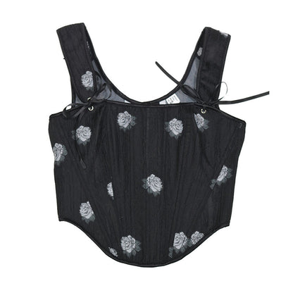 Close-up of corset pattern and rose print on plus size body shaper