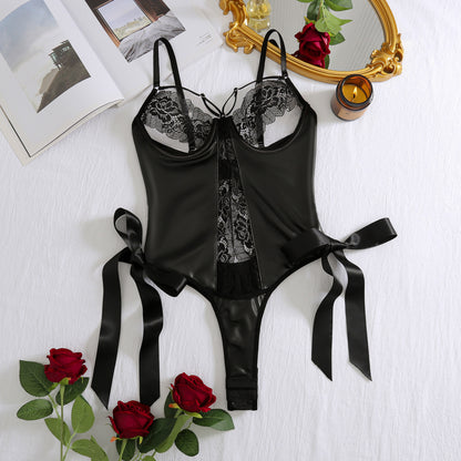 strappy patent leather jumpsuit showcasing curves
