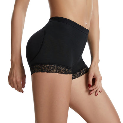 Curvy woman wearing padded hip-lifting leggings with elegant lace design