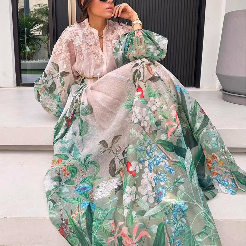Woman wearing a floral dress with a white background