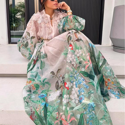 Woman wearing a floral dress with a white background